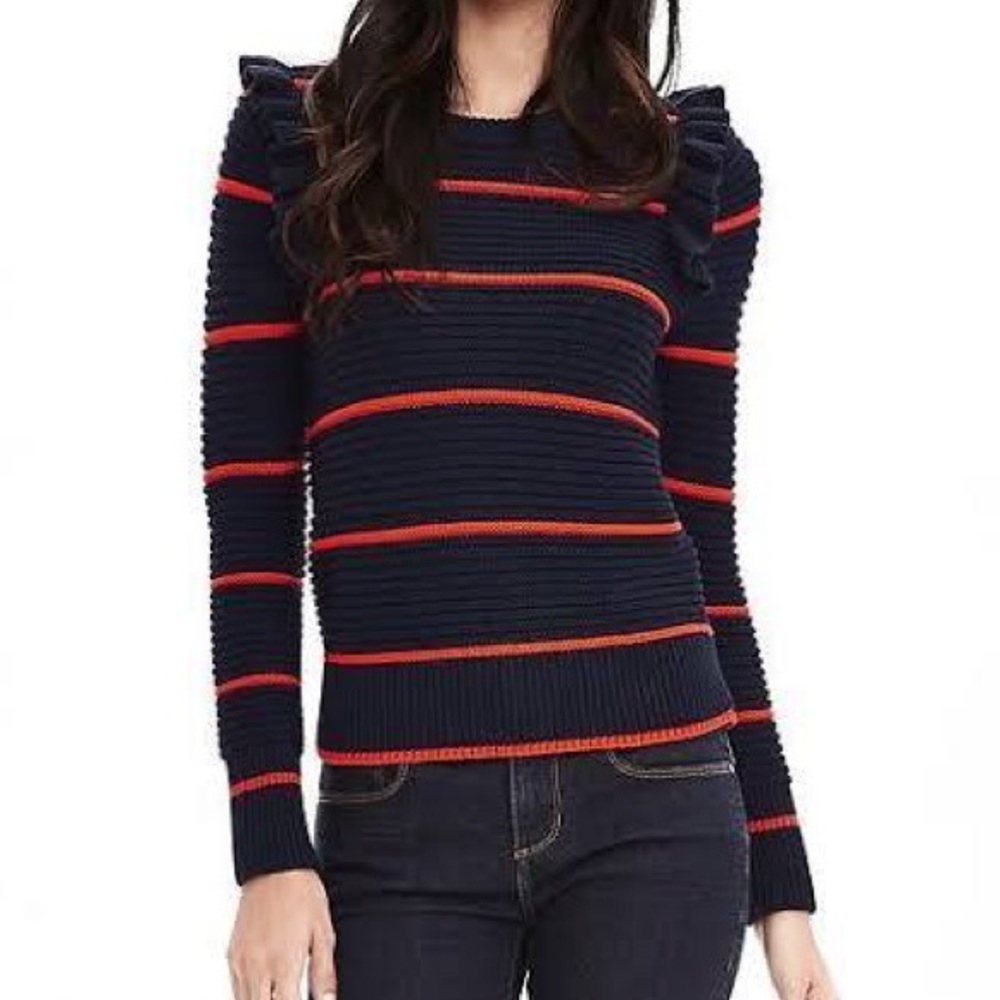 Banana Republic Navy and Orange Striped Sweater with Ruffle Shoulder Size M - Picture 2 of 8